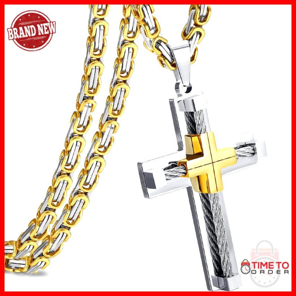 Stainless Steel Byzantine Chain Necklace With Chunky Cross Pendant For Men